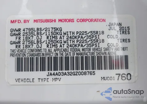 2016 Mitsubishi Outlander Se from USA, damaged, VIN JA4AD3A32GZ008765